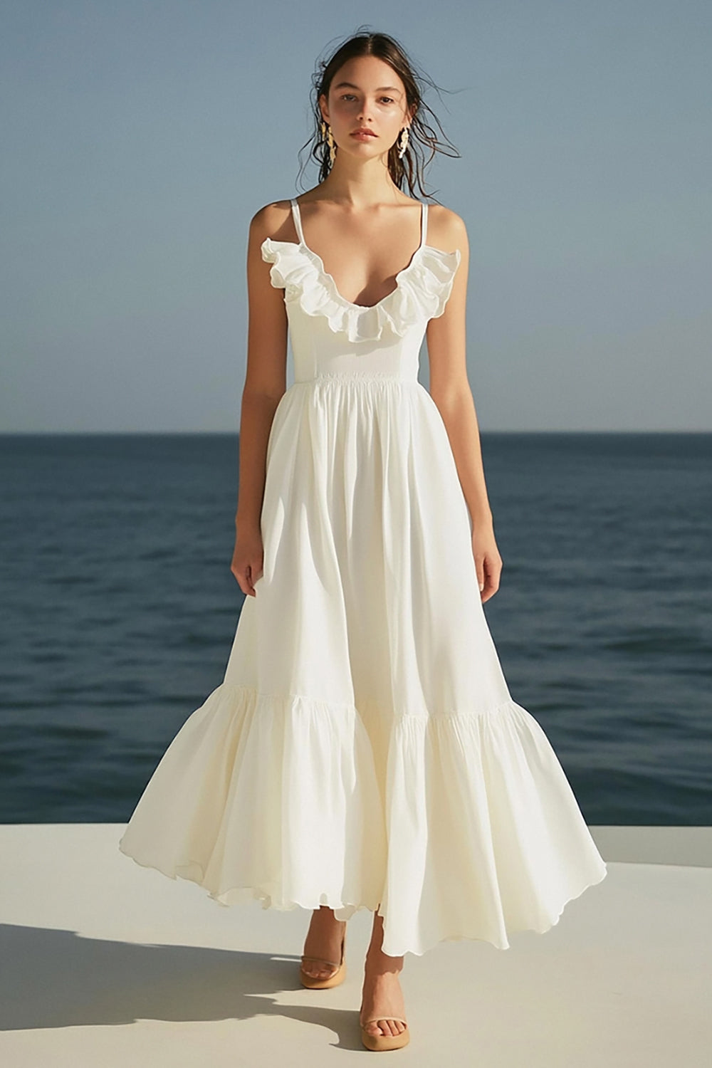 Elfenbein A Linie Spaghettiträger Maxi Standesamtkleid mit Rüschen