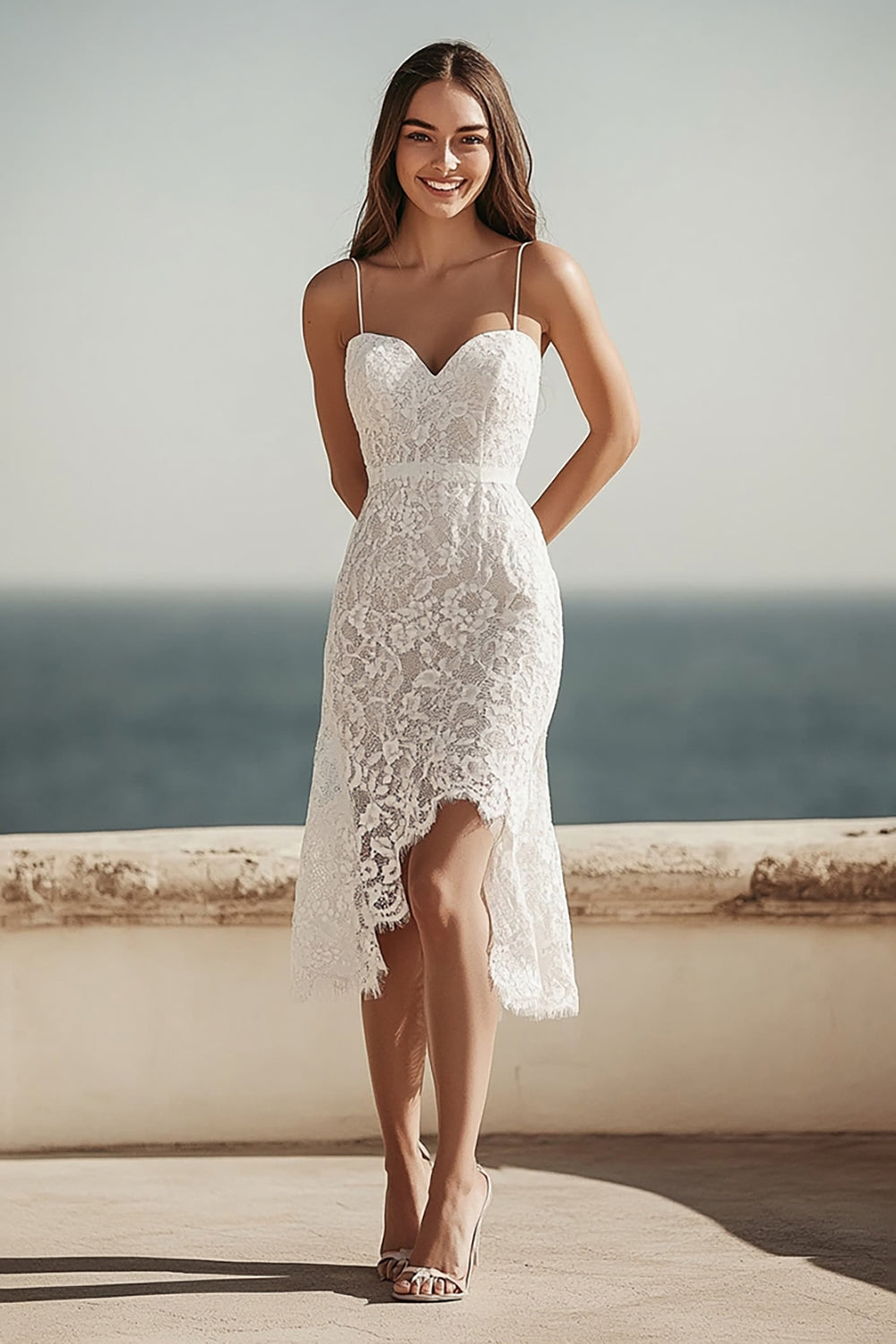 Spitze Elfenbein Bodycon Midi Standesamtkleid mit Schlitz