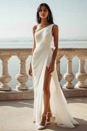 Elfenbein Chiffon Eine Schulter Maxi Standesamtkleid mit Schlitz