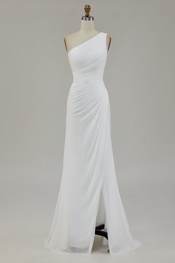 Elfenbein Chiffon Eine Schulter Maxi Standesamtkleid mit Schlitz