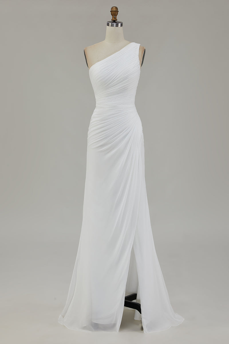 Laden Sie das Bild in den Galerie-Viewer, Elfenbein Chiffon Eine Schulter Maxi Standesamtkleid mit Schlitz