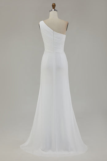 Elfenbein Chiffon Eine Schulter Maxi Standesamtkleid mit Schlitz