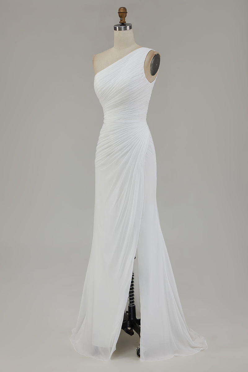 Laden Sie das Bild in den Galerie-Viewer, Elfenbein Eine Schulter Chiffon Maxi Standesamtkleid mit Schlitz
