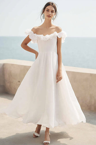 Elfenbein A Linie Maxi Chiffon Standesamtkleid mit Rüschen