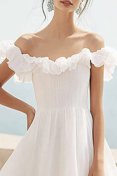 Elfenbein A Linie Maxi Chiffon Standesamtkleid mit Rüschen