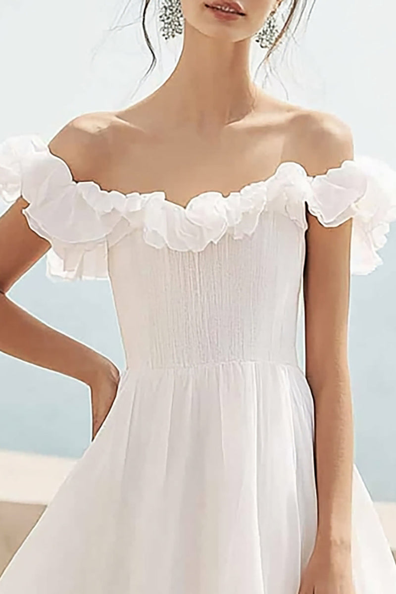 Laden Sie das Bild in den Galerie-Viewer, Elfenbein A Linie Maxi Chiffon Standesamtkleid mit Rüschen
