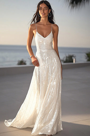 Glitzer Elfenbein Spaghettiträger Pailletten Maxi Brautkleid