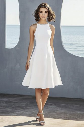 Elfenbein Satin A Linie Neckholder Standesamtkleid