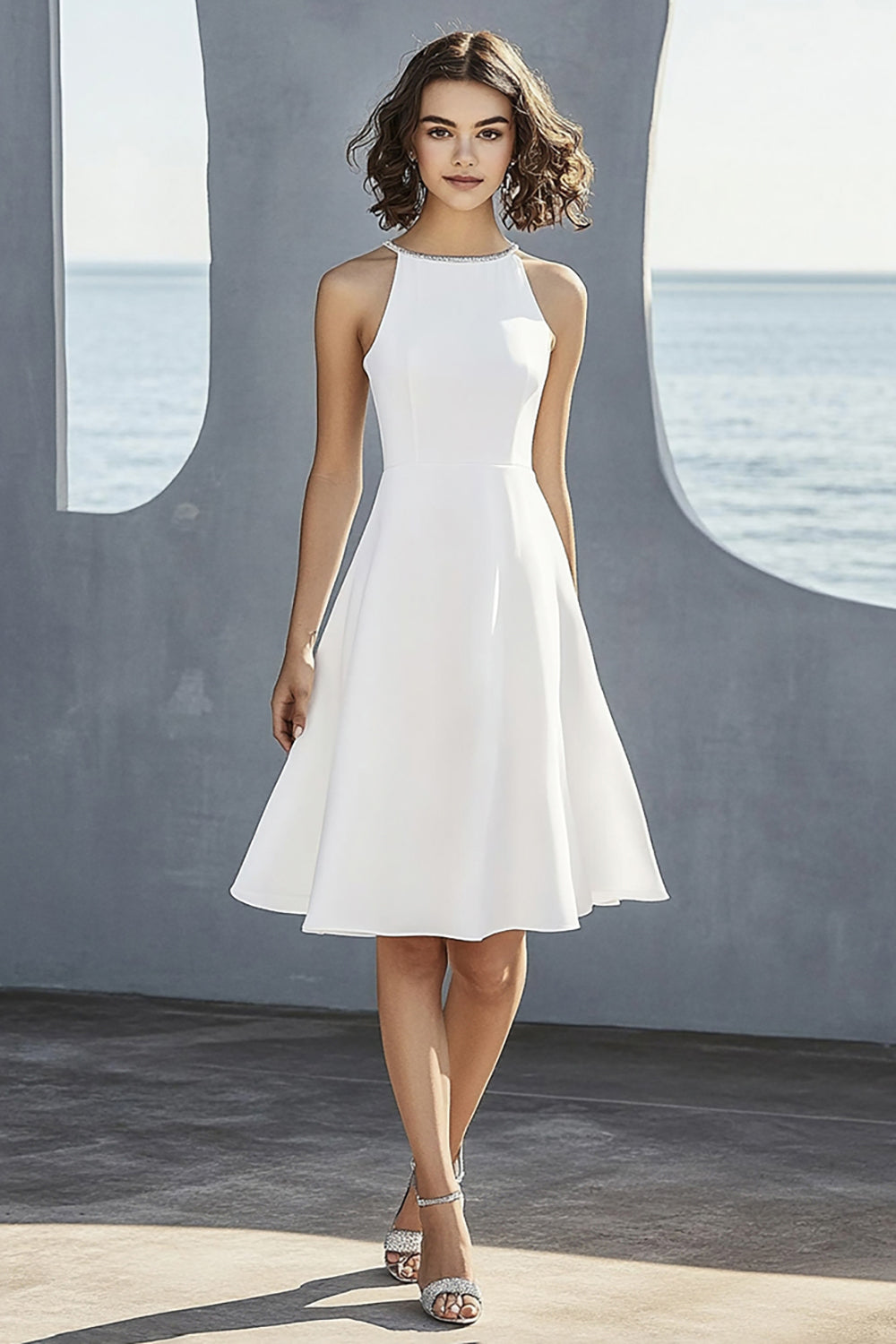 Elfenbein Satin A Linie Neckholder Standesamtkleid