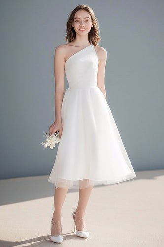 Elfenbein A Linie Eine Schulter Tüll Midi Standesamtkleid