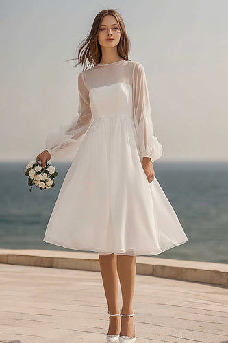 Elfenbein Tüll Midi Brautkleid mit Long Ärmel