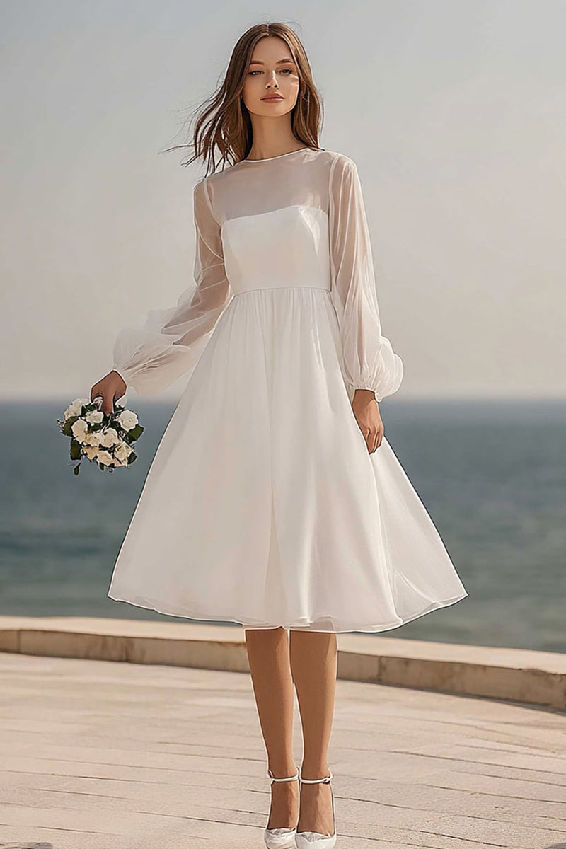 Laden Sie das Bild in den Galerie-Viewer, Elfenbein Tüll Midi Brautkleid mit Long Ärmel