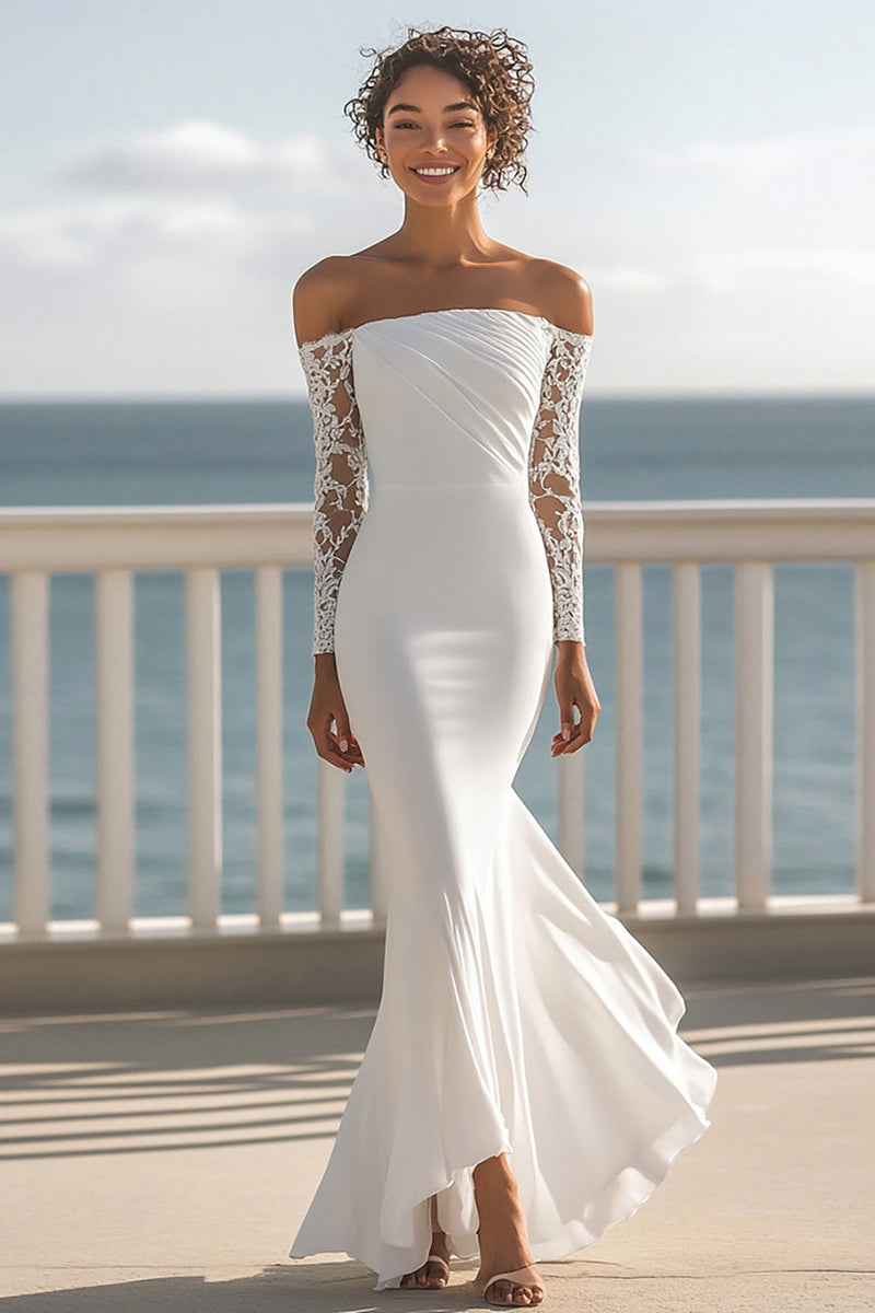 Laden Sie das Bild in den Galerie-Viewer, Elfenbein Meerjungfrau Chiffon Long Ärmel Hochzeitskleid