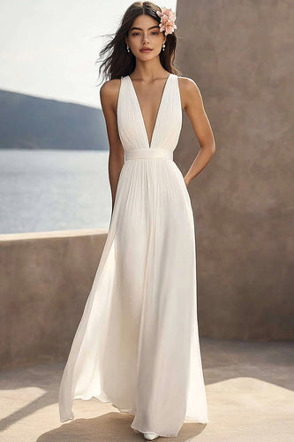 Elfenbein Chiffon Tiefer V-Ausschnitt Beach Maxi Brautkleid