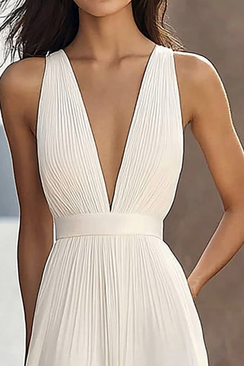 Elfenbein Chiffon Tiefer V-Ausschnitt Beach Maxi Brautkleid