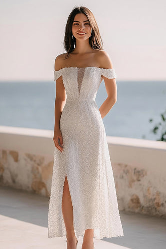 Glitzer Elfenbein Pailletten Long Hochzeitskleid mit Schlitz