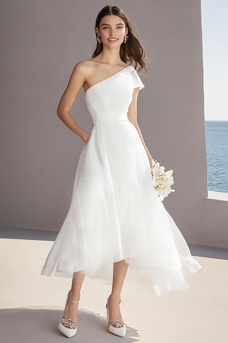 Elfenbein Organza Eine Schulter Midi Standesamtkleid