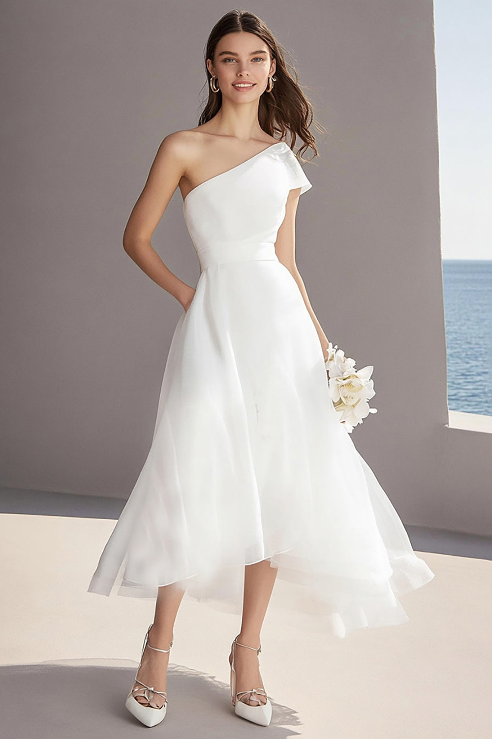 Elfenbein Organza Eine Schulter Midi Standesamtkleid