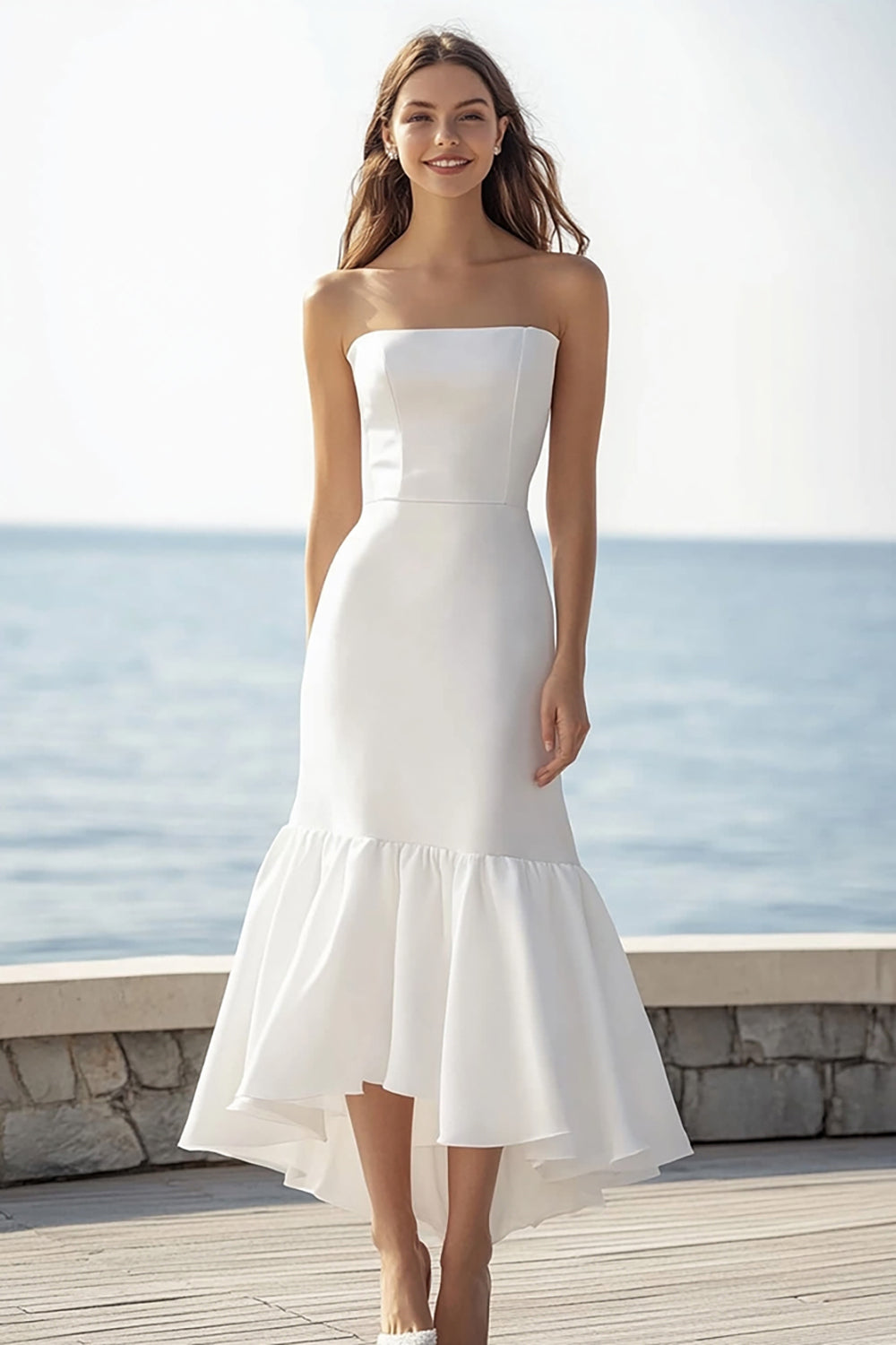 Einfaches Elfenbein Trägerlos Satin Long Hochzeitskleid