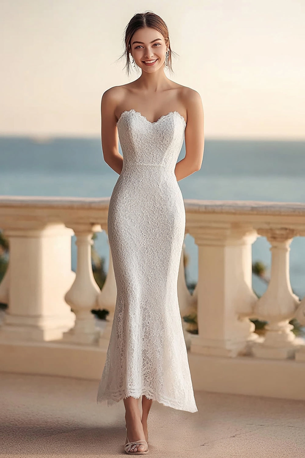 Spitze Elfenbein Etui Herz-Ausschnitt Maxi Hochzeitskleid
