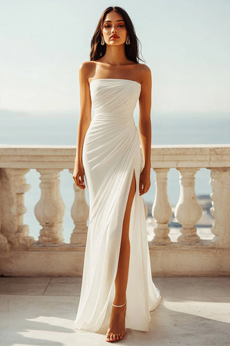 Elfenbein Chiffon Trägerlos Meerjungfrau Ruched Maxi Standesamtkleid