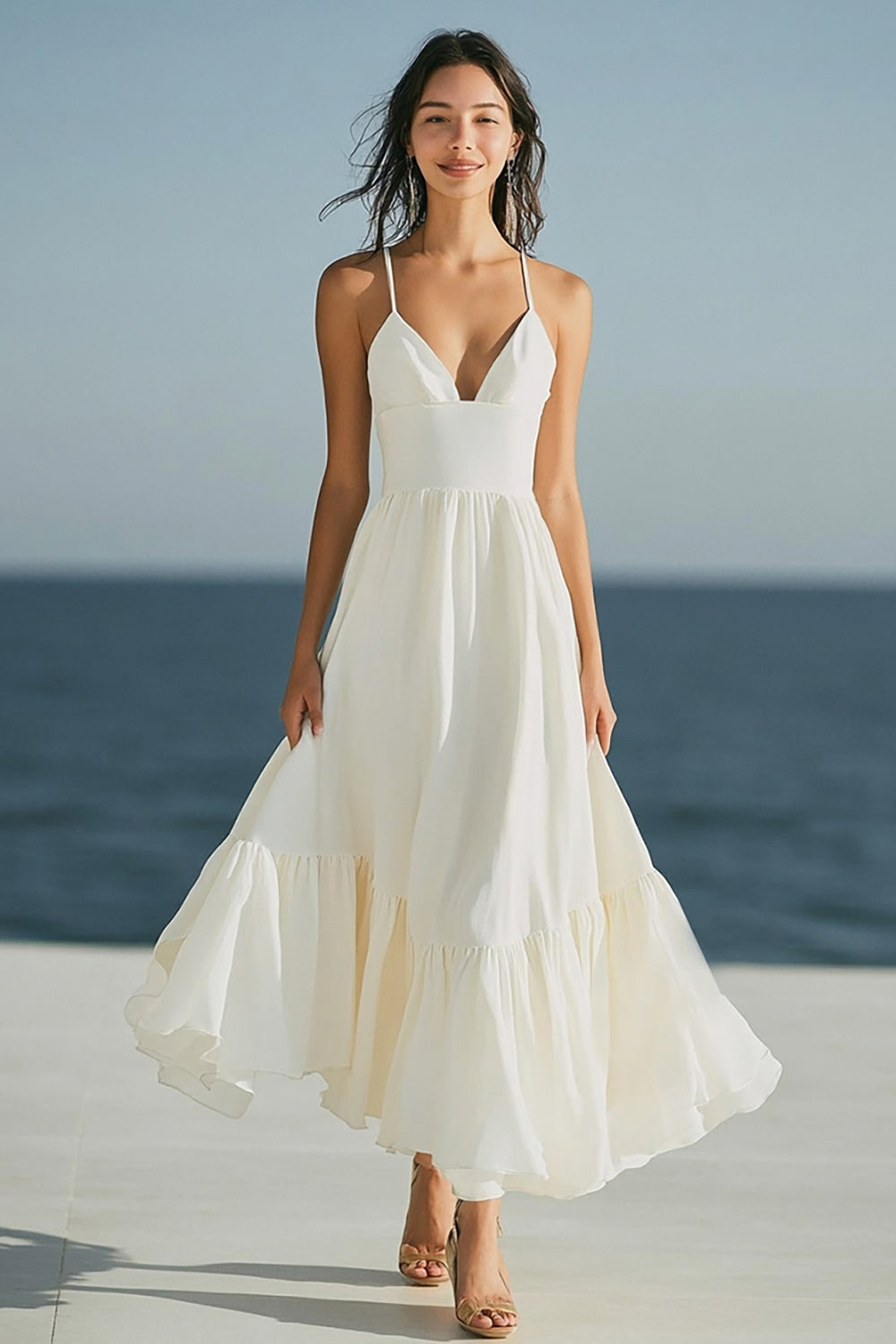 Elfenbein A Linie Spaghettiträger Boho Maxi Standesamtkleid