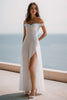 Laden Sie das Bild in den Galerie-Viewer, Glitzer Elfenbein A Linie Maxi Pailletten Standesamtkleid mit Schlitz