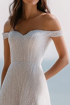 Glitzer Elfenbein A Linie Maxi Pailletten Standesamtkleid mit Schlitz