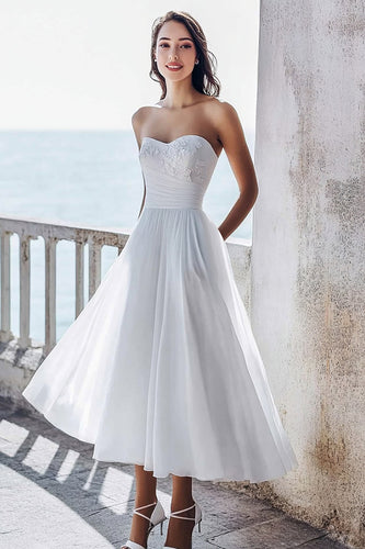 Elfenbein Chiffon A Linie Maxi Trägerlos Standesamtkleid mit Appliques