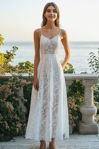 Elfenbein Spitze A Linie Maxi Boho Brautkleid