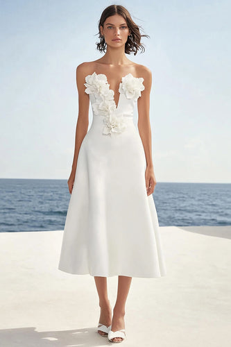 Blumen Satin Trägerlos Elfenbein Lange Hochzeitskleid