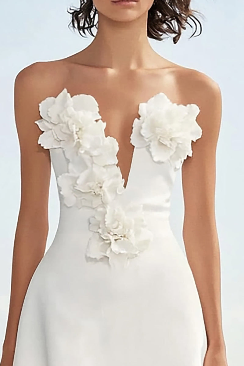 Laden Sie das Bild in den Galerie-Viewer, Blumen Satin Trägerlos Elfenbein Lange Hochzeitskleid