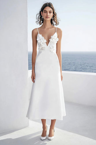Elfenbein Blumen Satin Tiefer V-Ausschnitt Maxi Hochzeitskleid