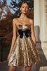 Laden Sie das Bild in den Galerie-Viewer, Glitzer Gold Herz-Ausschnitt Pailletten Kurze Cocktail Kleid mit Schleife