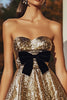 Laden Sie das Bild in den Galerie-Viewer, Glitzer Gold Herz-Ausschnitt Pailletten Kurze Cocktail Kleid mit Schleife