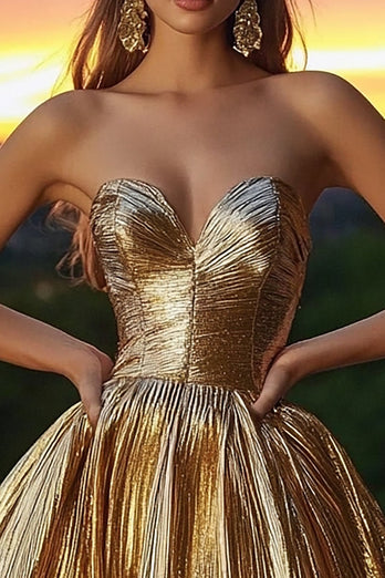 Glitzer Gold Metallic Herz-Ausschnitt Kurze Cocktail Kleid