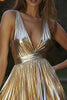 Laden Sie das Bild in den Galerie-Viewer, Glitzer Gold Metallic Tiefer V-Ausschnitt Kurze Cocktail Kleid mit Pleats