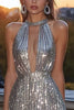 Laden Sie das Bild in den Galerie-Viewer, Glitzer Kurze Silber Pailletten Neckholder Cocktail Kleid mit Keyhole