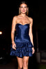 Laden Sie das Bild in den Galerie-Viewer, Marineblau Trägerlos Korsett Satin Kurze Rüschens Party Kleid