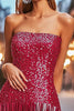 Laden Sie das Bild in den Galerie-Viewer, Glitzer Fuchsia Trägerlos Kurze Pailletten Party Kleid mit Fringes