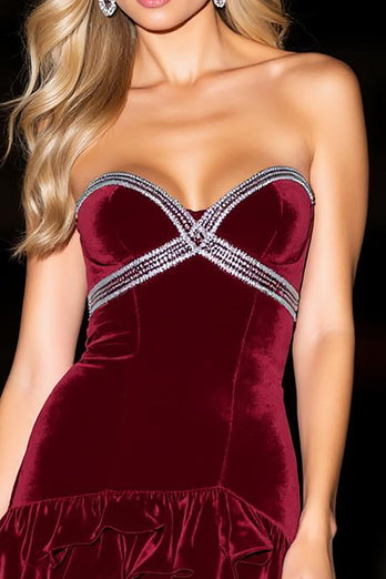 Glitzer Bordeaux Kurze Samt Rüschend Party Kleid mit Rhinestones