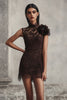 Laden Sie das Bild in den Galerie-Viewer, Kaffee Spitze Kurze Hoher Hals Enges Party Kleid mit 3D Blume