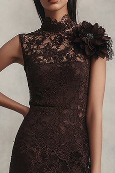 Kaffee Spitze Kurze Hoher Hals Enges Party Kleid mit 3D Blume