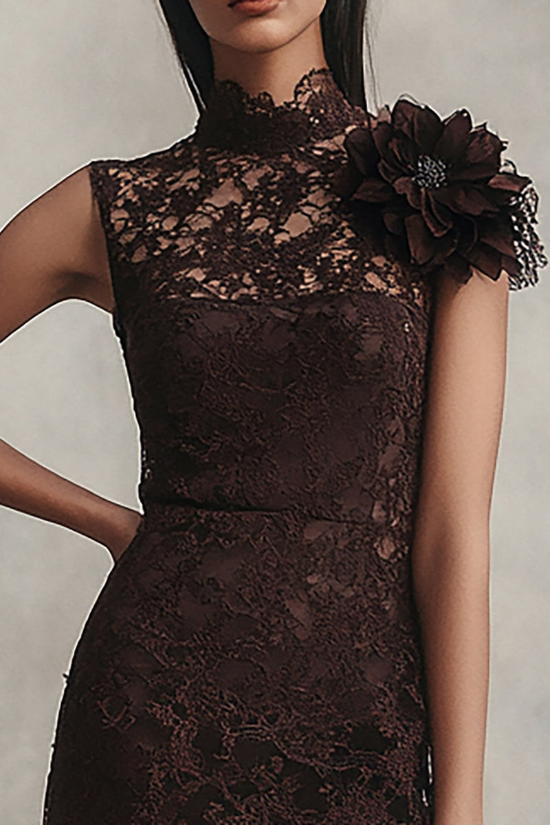 Laden Sie das Bild in den Galerie-Viewer, Kaffee Spitze Kurze Hoher Hals Enges Party Kleid mit 3D Blume