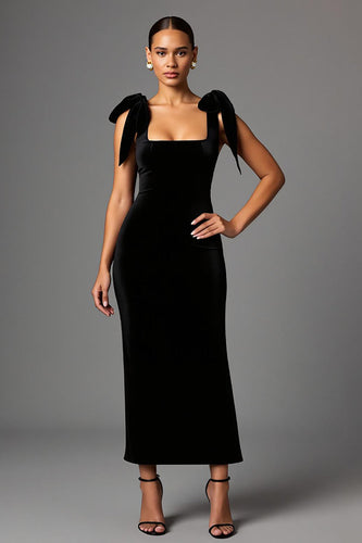 Schwarz Satin Etuikleid Quadratischer Ausschnitt Lang Abendkleid