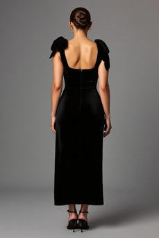 Schwarz Satin Etuikleid Quadratischer Ausschnitt Lang Abendkleid