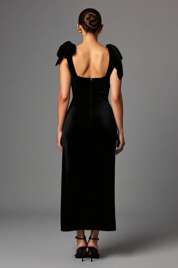 Schwarz Satin Etuikleid Quadratischer Ausschnitt Lang Abendkleid