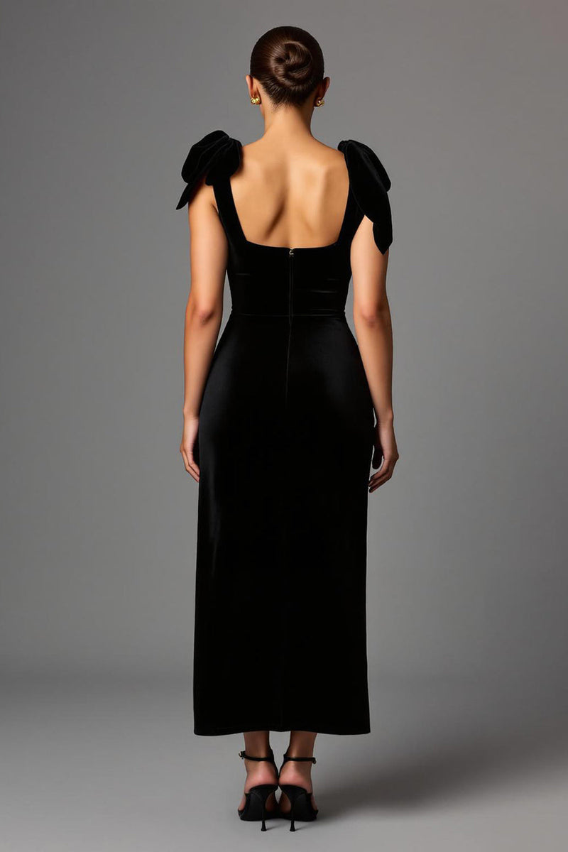 Laden Sie das Bild in den Galerie-Viewer, Schwarz Satin Etuikleid Quadratischer Ausschnitt Lang Abendkleid
