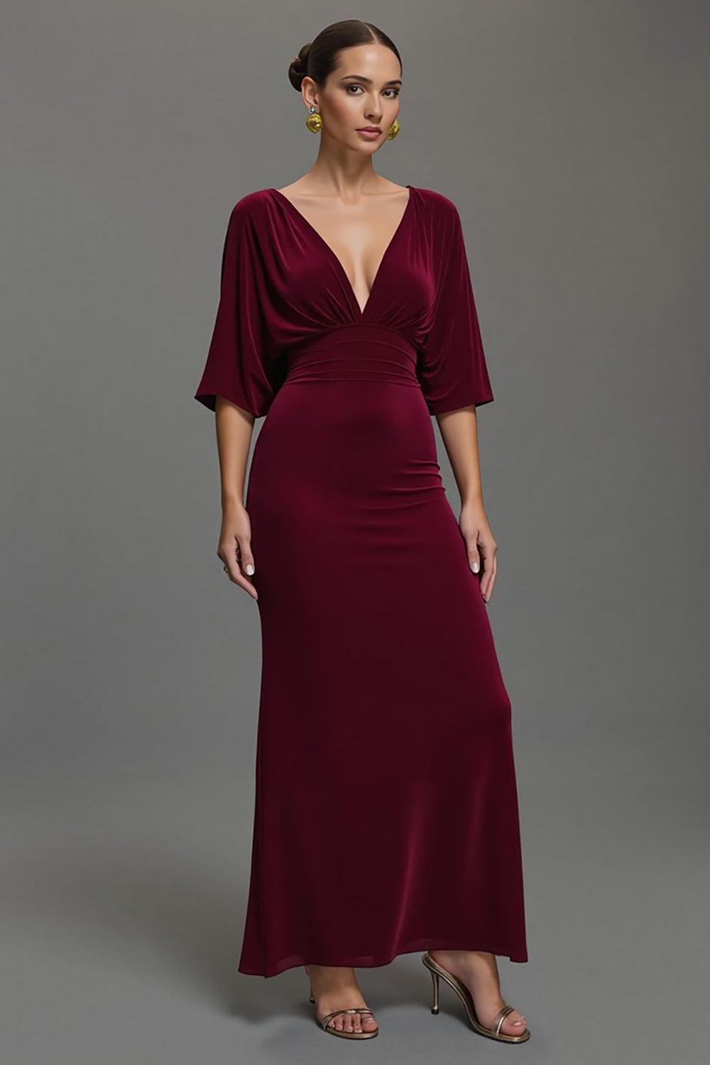 Samt Bordeaux V Ausschnitt Etuikleid Lang Abendkleid mit Ärmeln