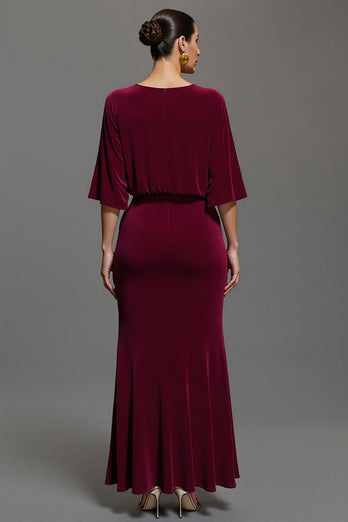 Samt Bordeaux V Ausschnitt Etuikleid Lang Abendkleid mit Ärmeln